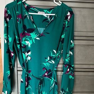 Green with floral print dress.